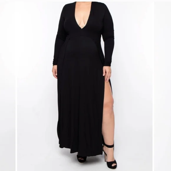 Bump Biddy Narine NEW Plunge Maxi Maternity Dress Sexy High Slits Black Size M - Picture 2 of 16